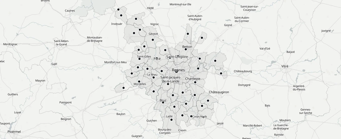 Carte des 43 communes de Rennes Métropole desservies par PureNova