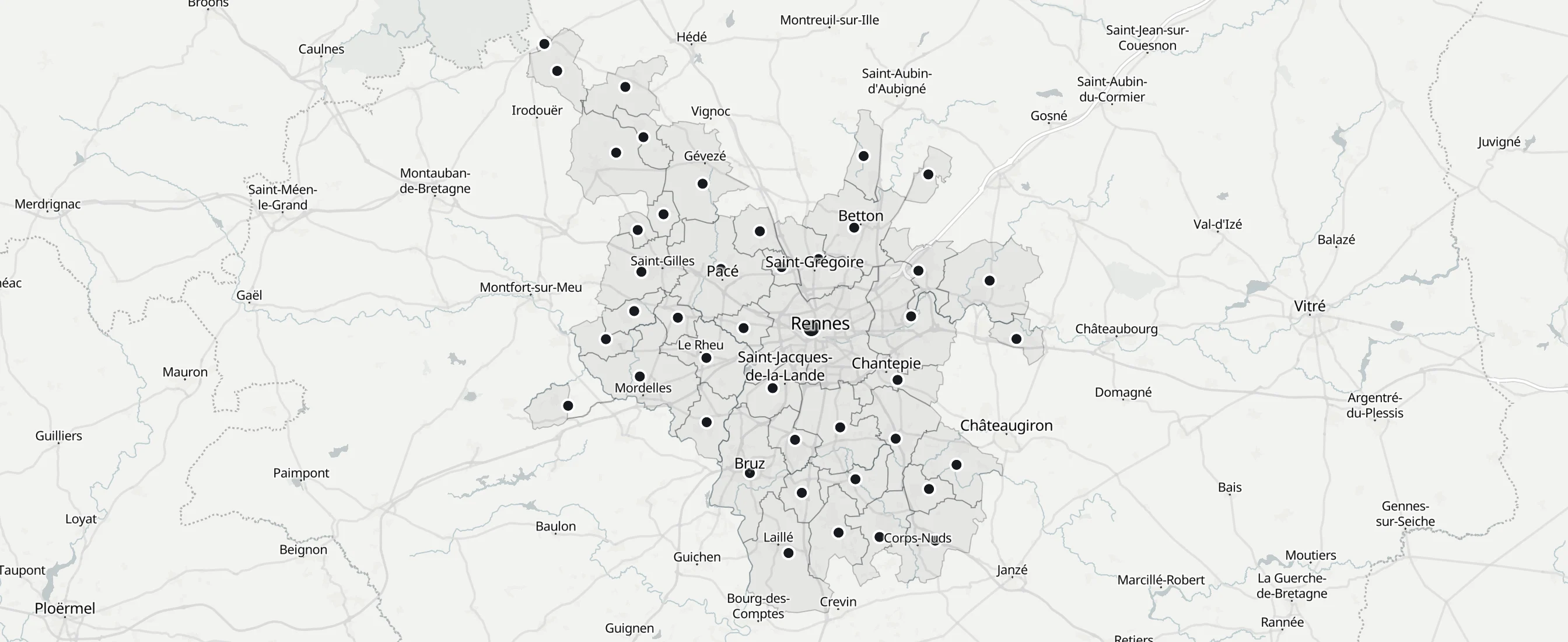 Carte des 43 communes de Rennes Métropole desservies par PureNova